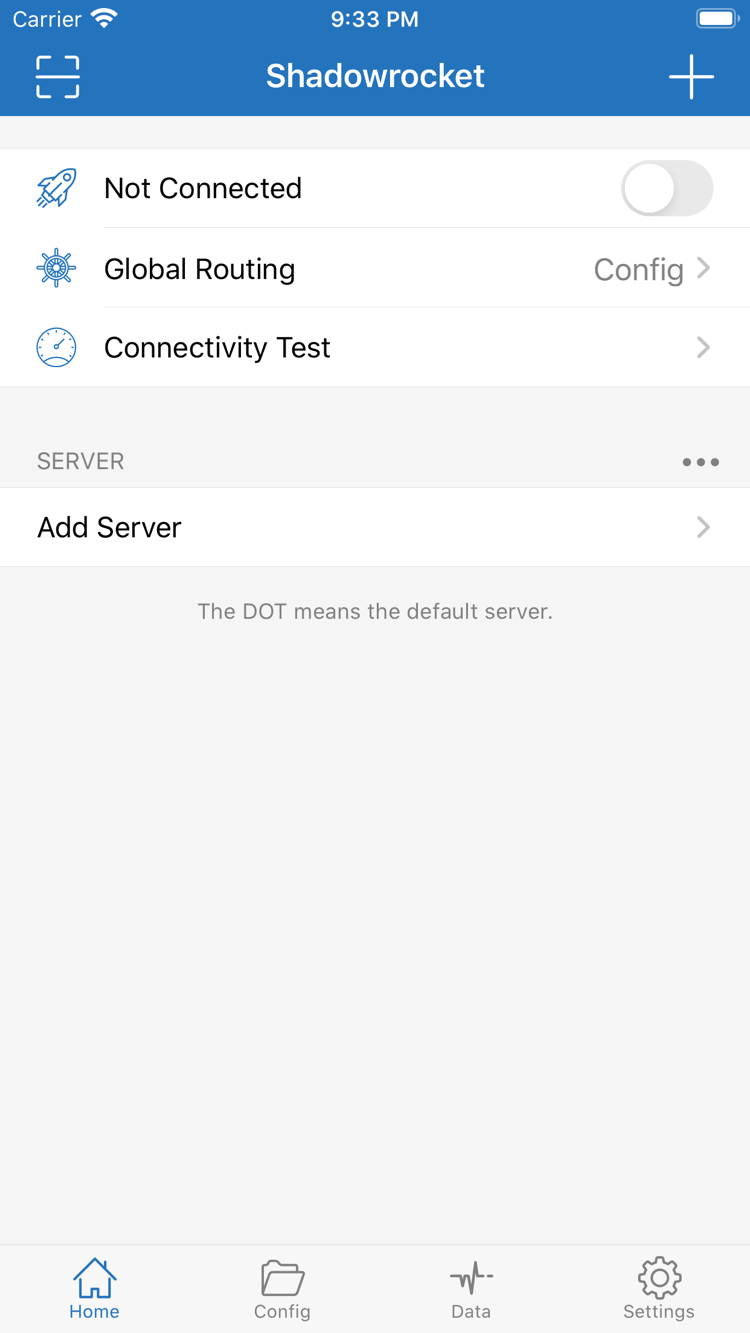Shadowrocket interface: connection switch at the top of the Home page, Global Routing and the SERVER group