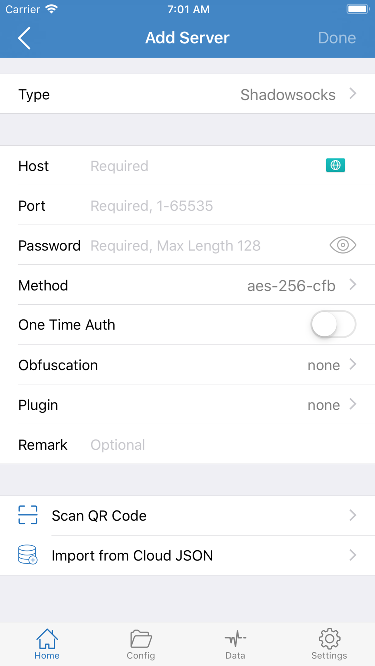Shadowrocket interface: Type, Host, Port, Password and Method fields on the Add Server page