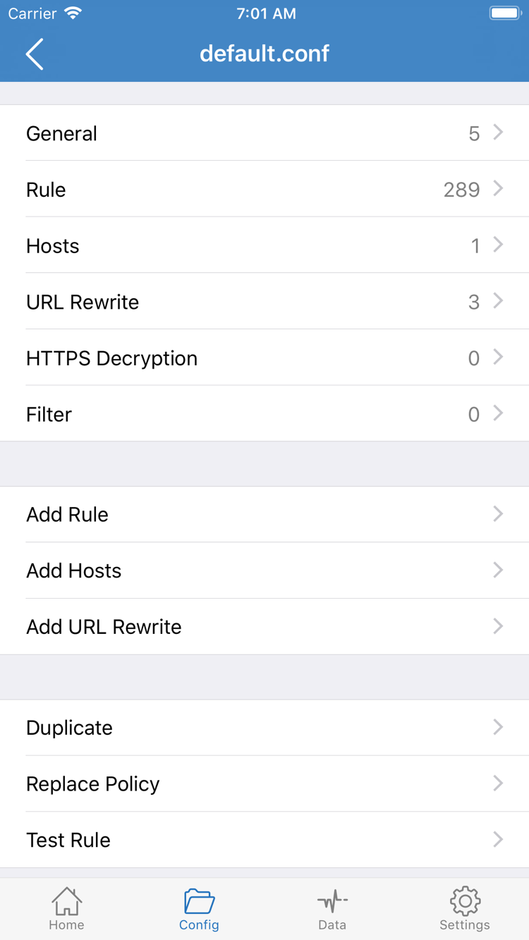 Shadowrocket Config file editor: General, Rule, Hosts, URL Rewrite, and HTTPS Decryption sections with Add Rule