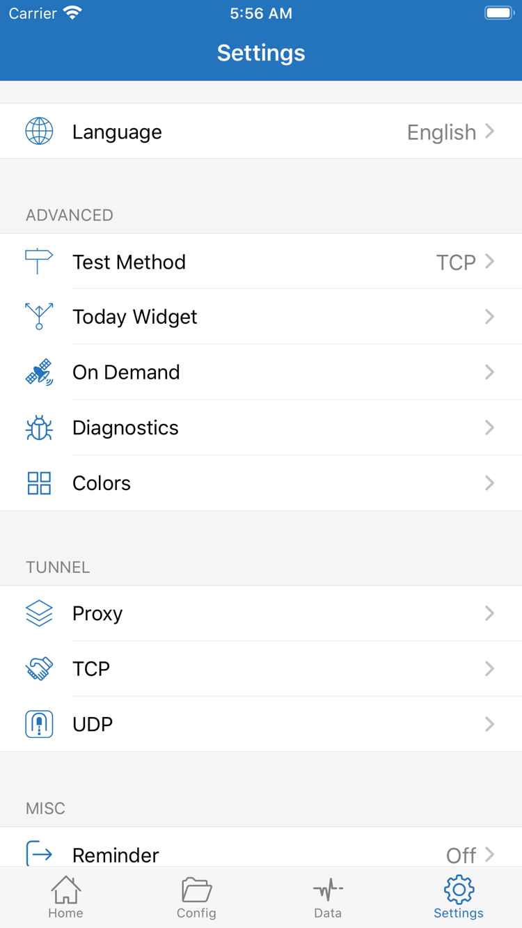 Shadowrocket Settings page: Language, Test Method, Today Widget, On Demand, Diagnostics, Proxy, TCP, UDP